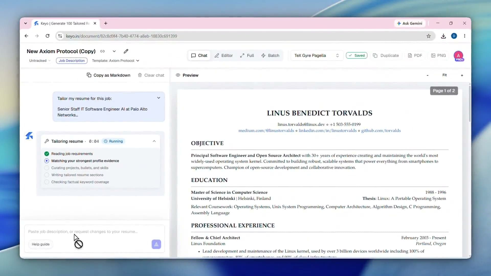 Preview of the Keyo demo: a job description in the chat beside the tailored resume it produced